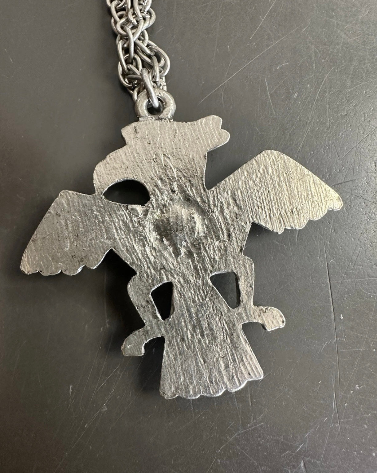 Vintage Southwest Style Cast Metal Thunderbird Necklace Turquoise Stone