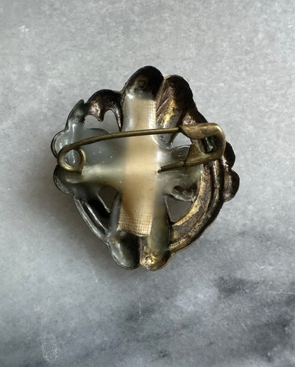 Antique Edwardian Victorian Horseshoe Lucky Four Leaf Clover Pin Cobalt Blue