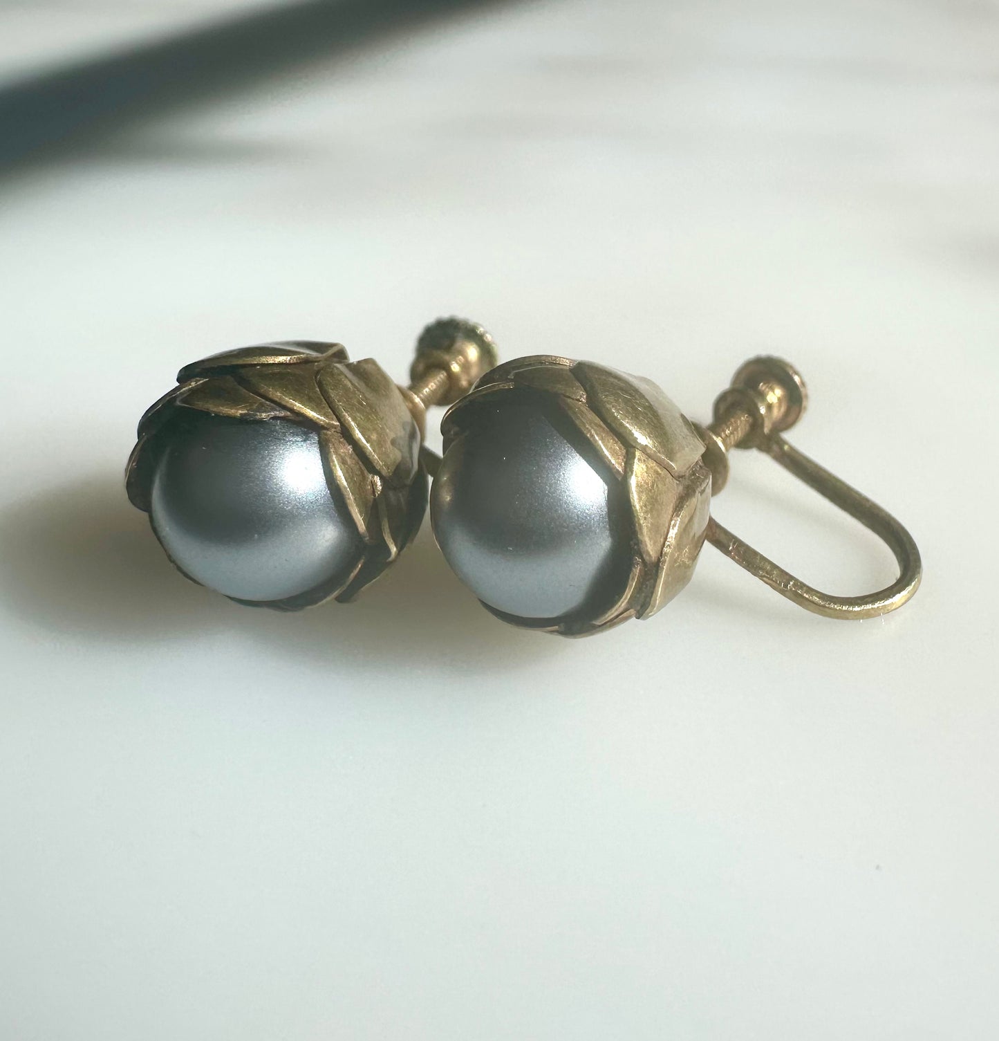 Jane’s Updated Peony Antique Screwback Earrings - New Grey Blue Faux Pearls