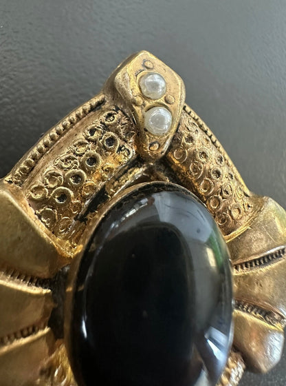 Antique Gold Filled Dress Clip Black Glass Seed Pearl Victorian Art Deco