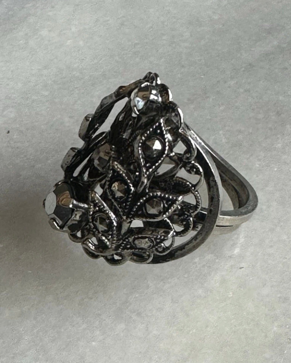 Vintage West Germany Filigree Floral Rhinestone Adjustable Ring