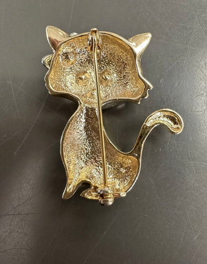 Vintage Retro Rhinestone Cat Brooch Silvertone And Goldtone Pin