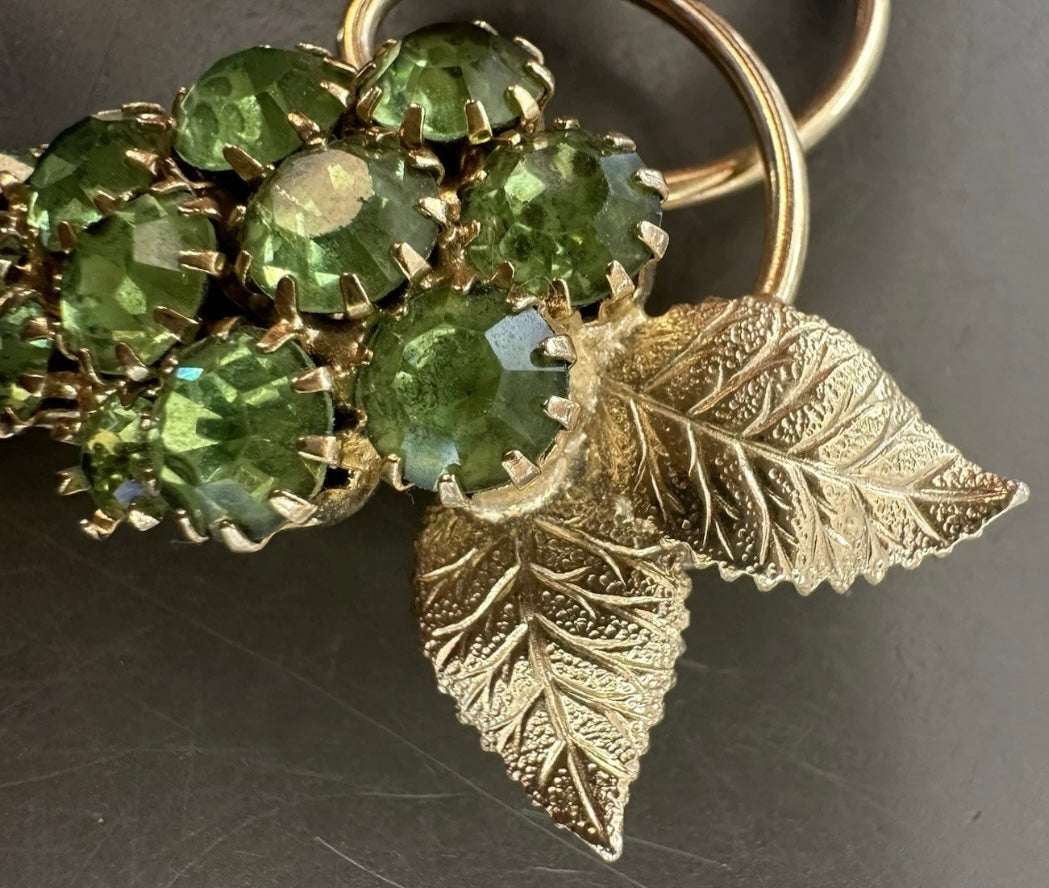 Vintage MCM Bright Light Green Uranium Glass Grape Cluster with Leaves Brooch