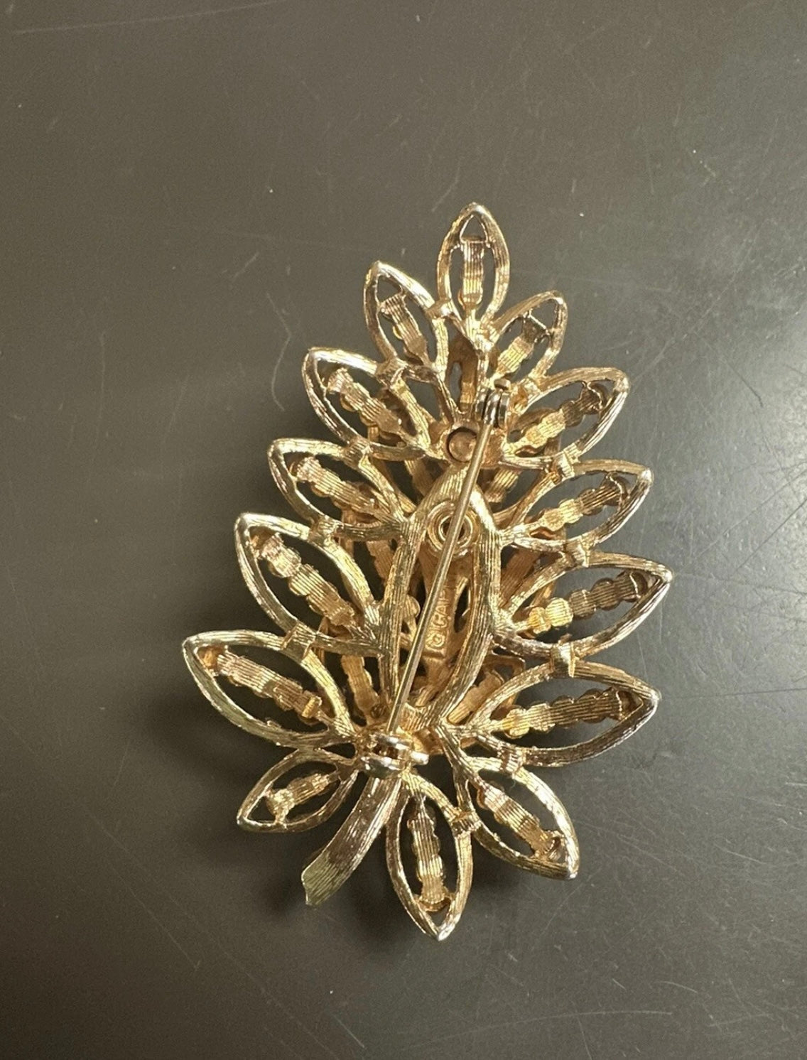 Mid-Century Vintage Etched Leaf Brooch Signed CAPRI