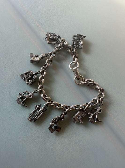 Vintage Coro 7” Silver Plate Ten Commandments Charm Bracelet - (Missing one charm)