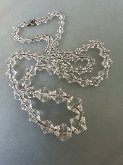 Vintage Art Deco Clear Crystal Bicone Beaded Necklace On Sterling Chain