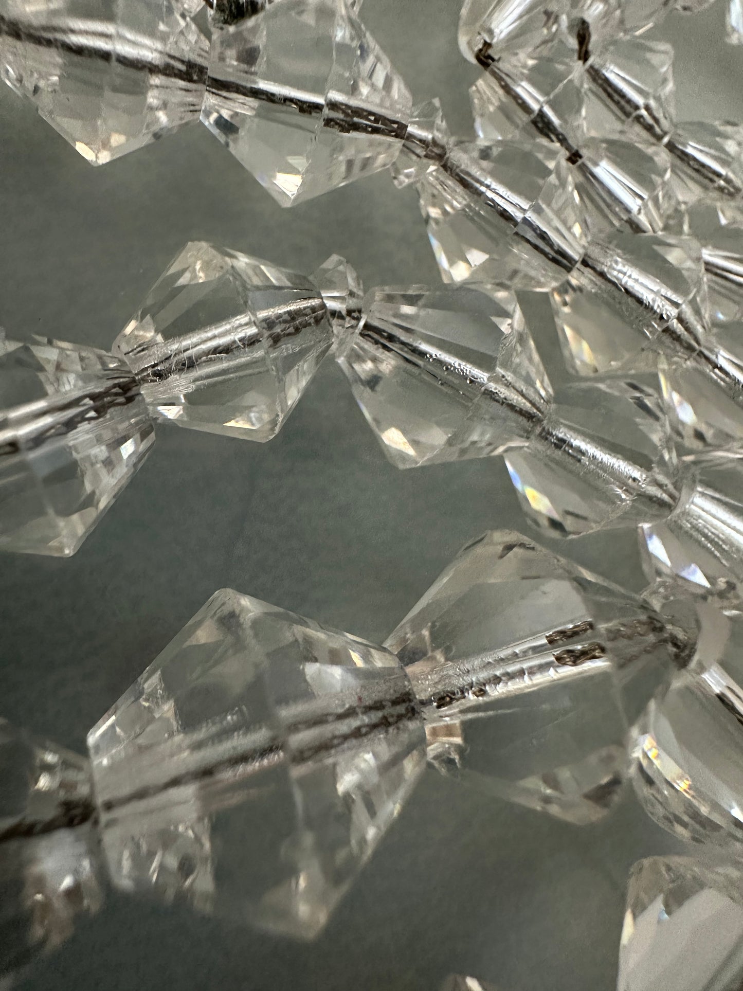 Vintage Art Deco Clear Crystal Bicone Beaded Necklace On Sterling Chain