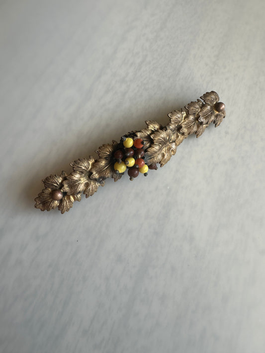 Early Miriam Haskell Bar Brooch Pin With Leaves And Glass Beads Unsigned Haskell