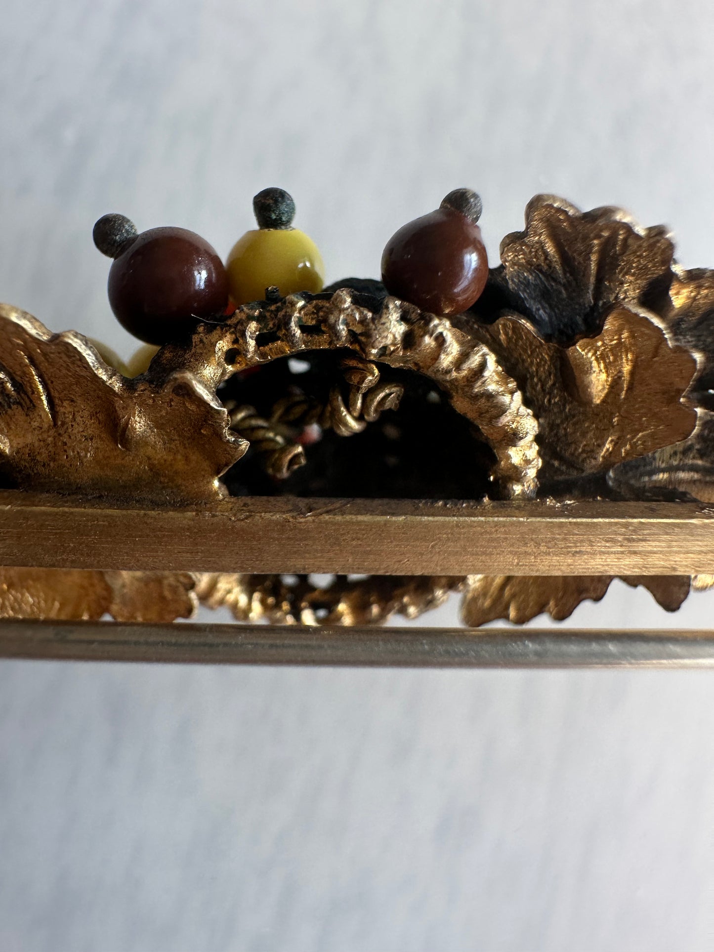 Early Miriam Haskell Bar Brooch Pin With Leaves And Glass Beads Unsigned Haskell