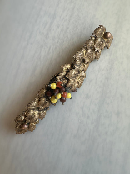 Early Miriam Haskell Bar Brooch Pin With Leaves And Glass Beads Unsigned Haskell