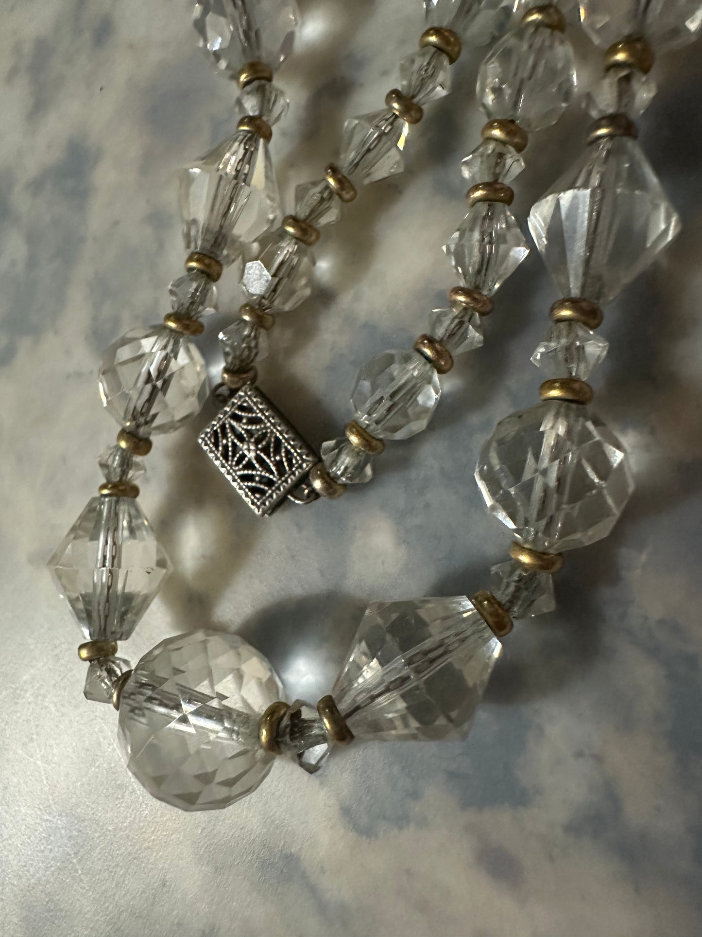 Art Deco Graduated Crystal Bead Necklace With Gold Spacers, Filigree Box Clasp