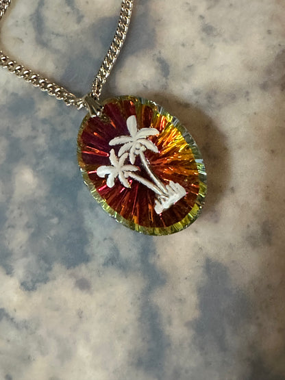 Vintage Souvenir Palm Tree Prism Necklace With 24” Chain Box Tab Signed GERMANY