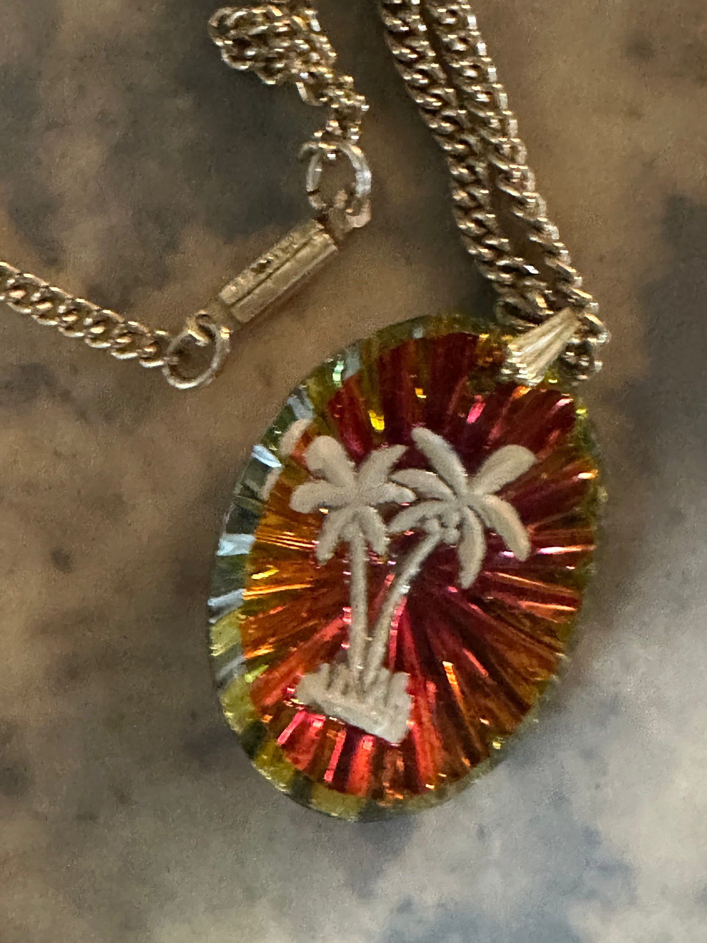 Vintage Souvenir Palm Tree Prism Necklace With 24” Chain Box Tab Signed GERMANY