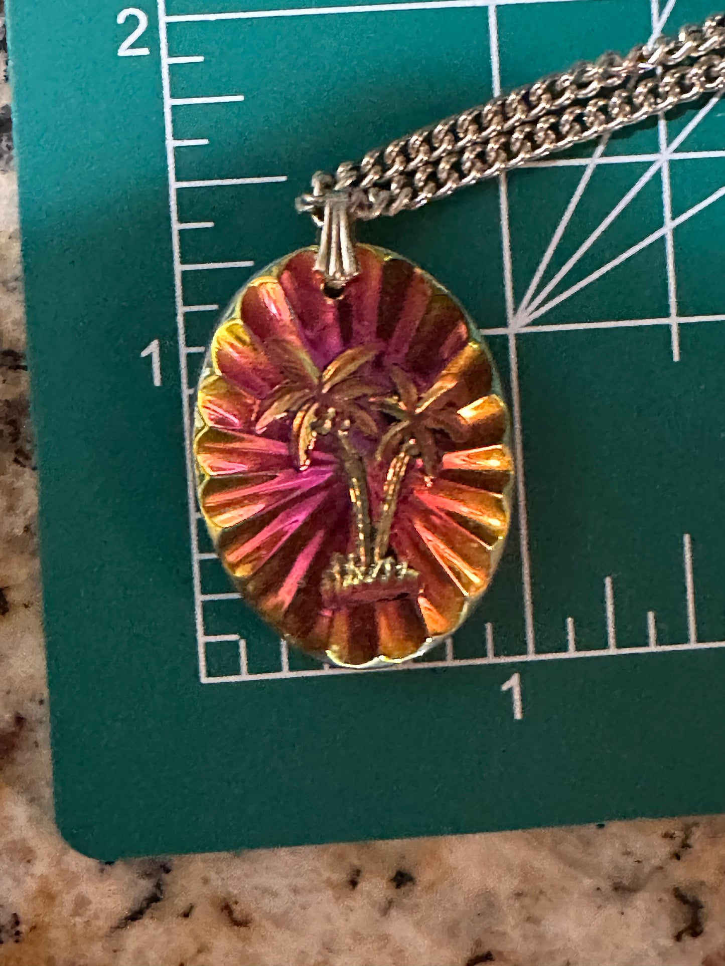 Vintage Souvenir Palm Tree Prism Necklace With 24” Chain Box Tab Signed GERMANY