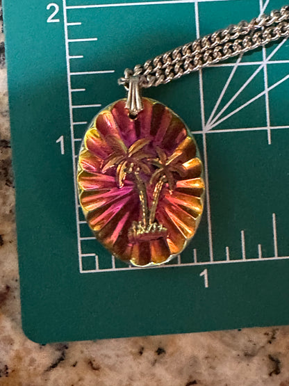 Vintage Souvenir Palm Tree Prism Necklace With 24” Chain Box Tab Signed GERMANY