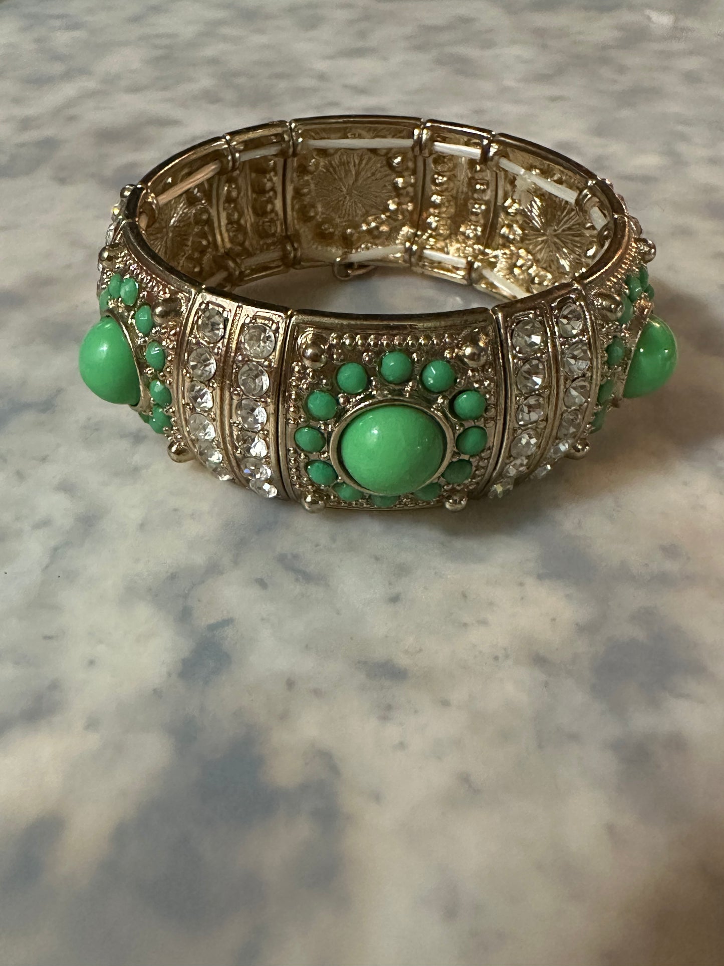 Natasha Signed Green And Rhinestone Bracelet