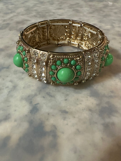Natasha Signed Green And Rhinestone Bracelet
