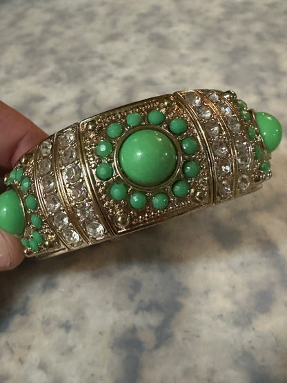 Natasha Signed Green And Rhinestone Bracelet