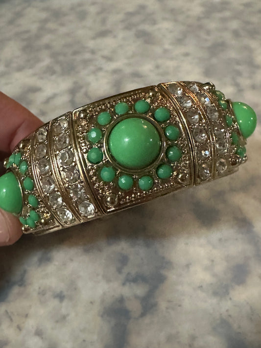 Natasha Signed Green And Rhinestone Bracelet