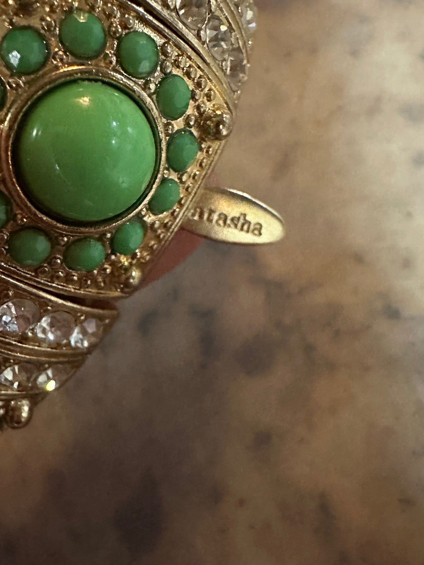 Natasha Signed Green And Rhinestone Bracelet