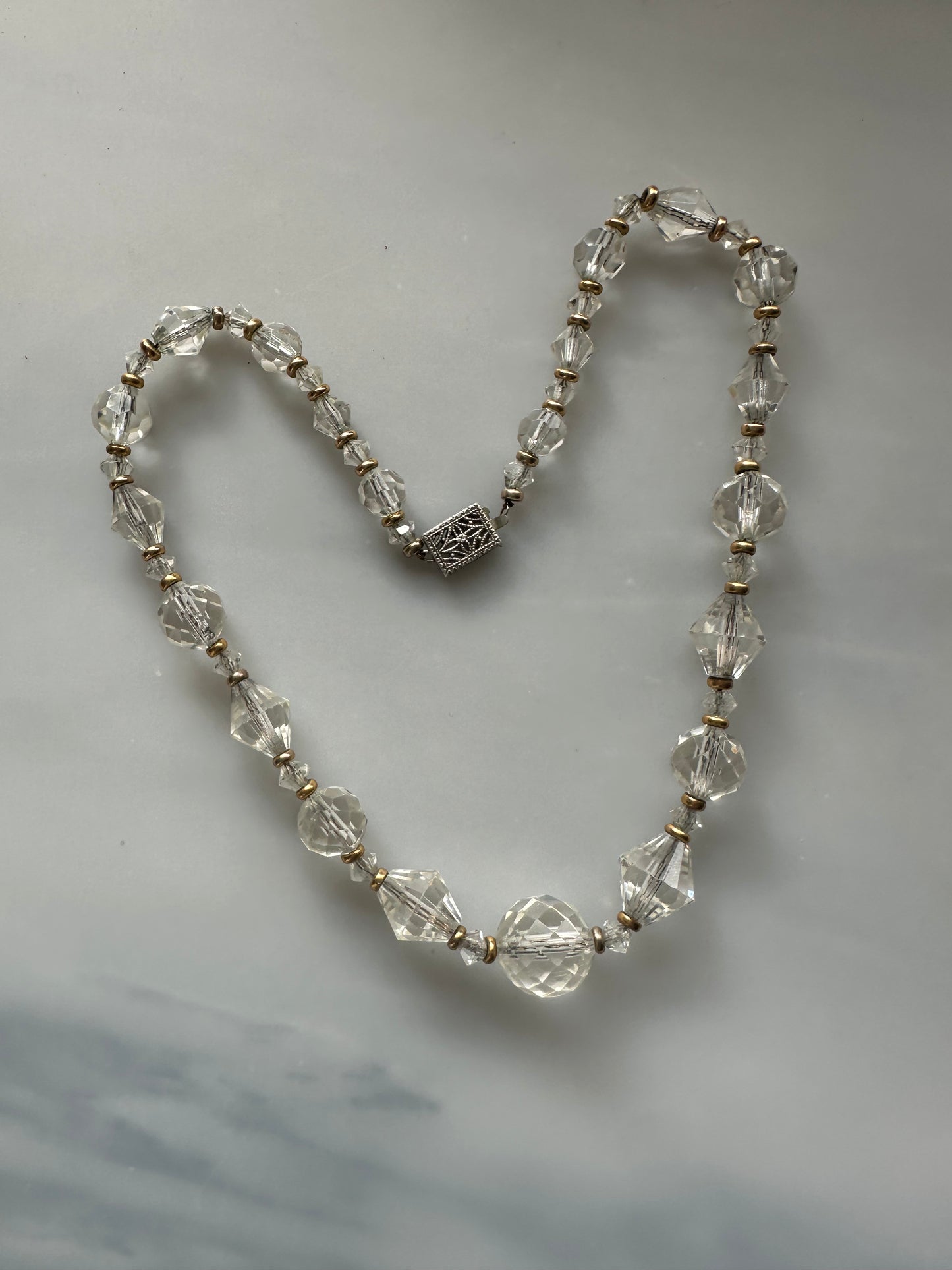 Art Deco Graduated Crystal Bead Necklace With Gold Spacers, Filigree Box Clasp