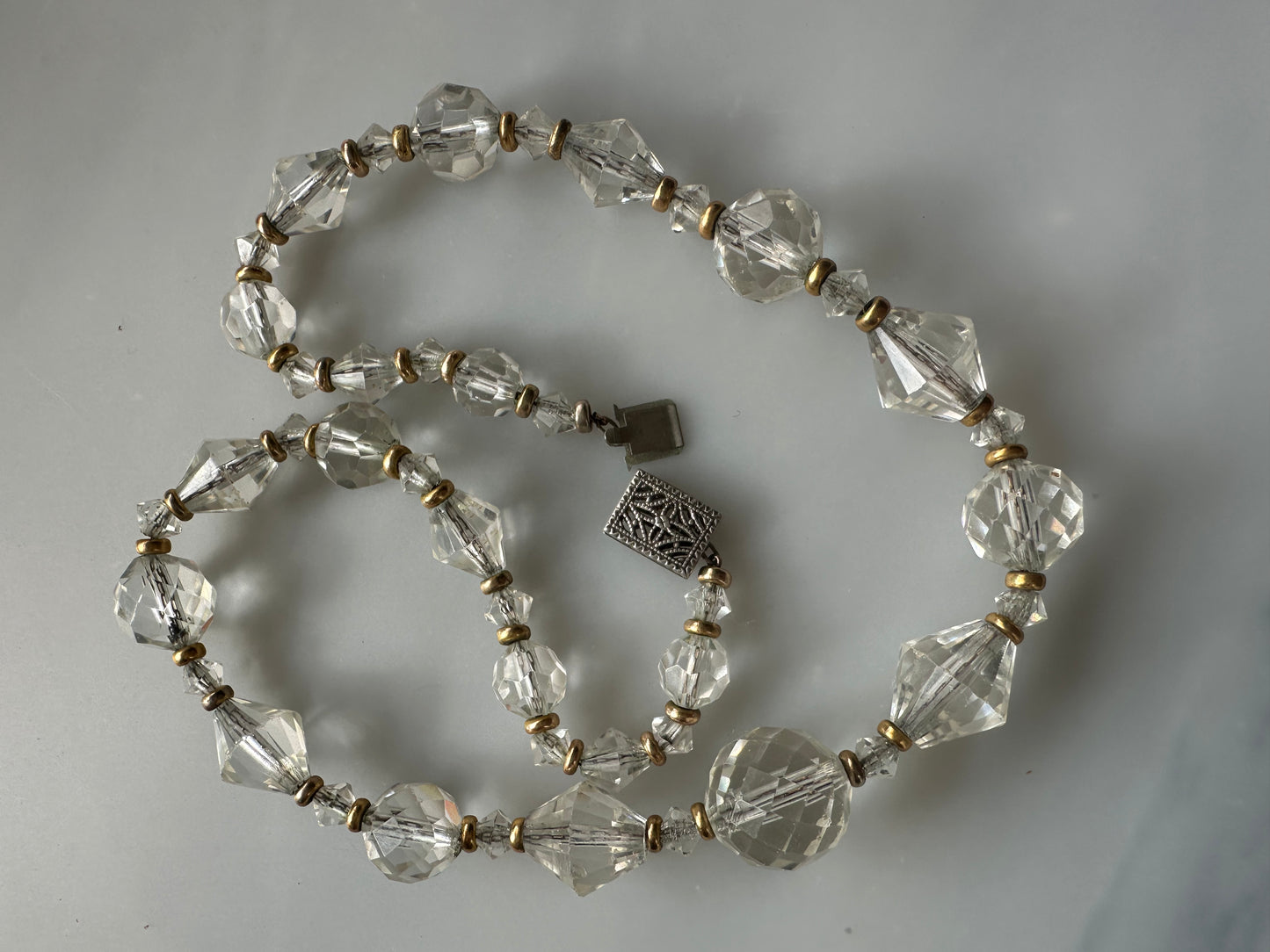 Art Deco Graduated Crystal Bead Necklace With Gold Spacers, Filigree Box Clasp