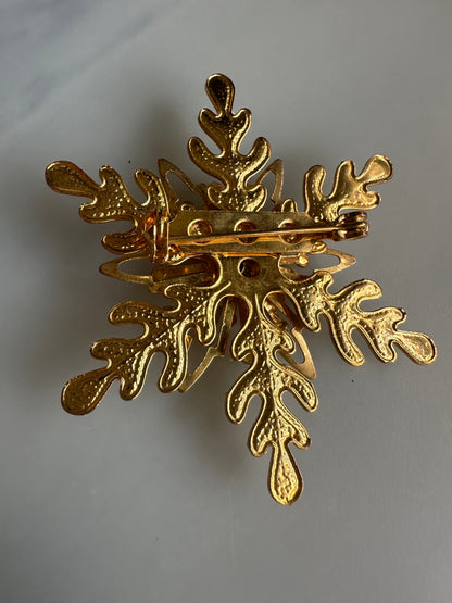 Retro Sparkle Enamel Rhinestone Goldtone Snowflake Brooch Pin