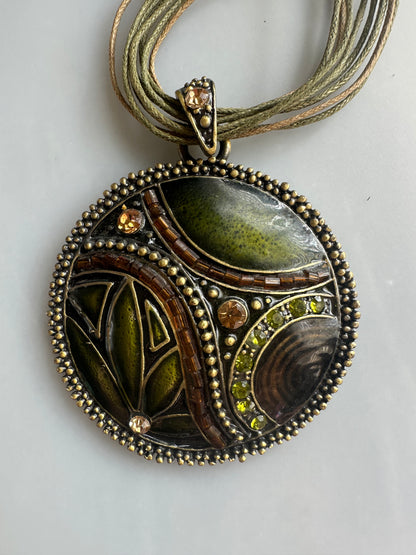 Enamel and Rhinestone Floral Statement Pendant Adjustable Necklace Signed Marie