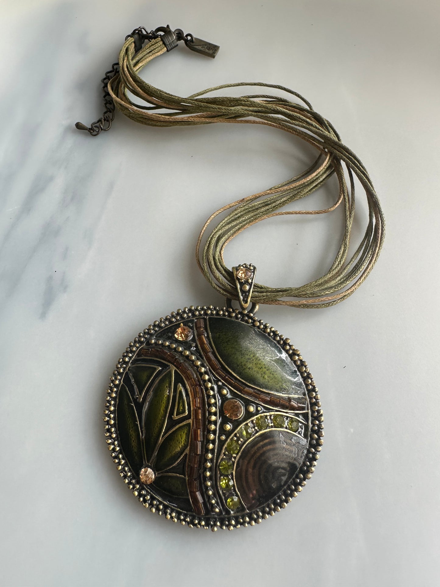 Enamel and Rhinestone Floral Statement Pendant Adjustable Necklace Signed Marie