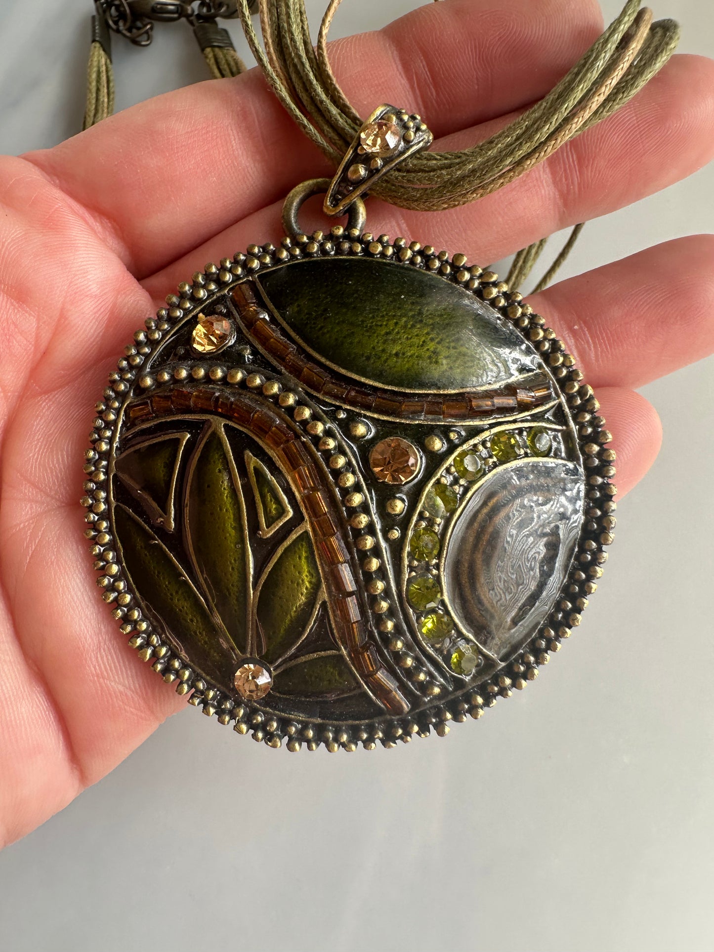 Enamel and Rhinestone Floral Statement Pendant Adjustable Necklace Signed Marie