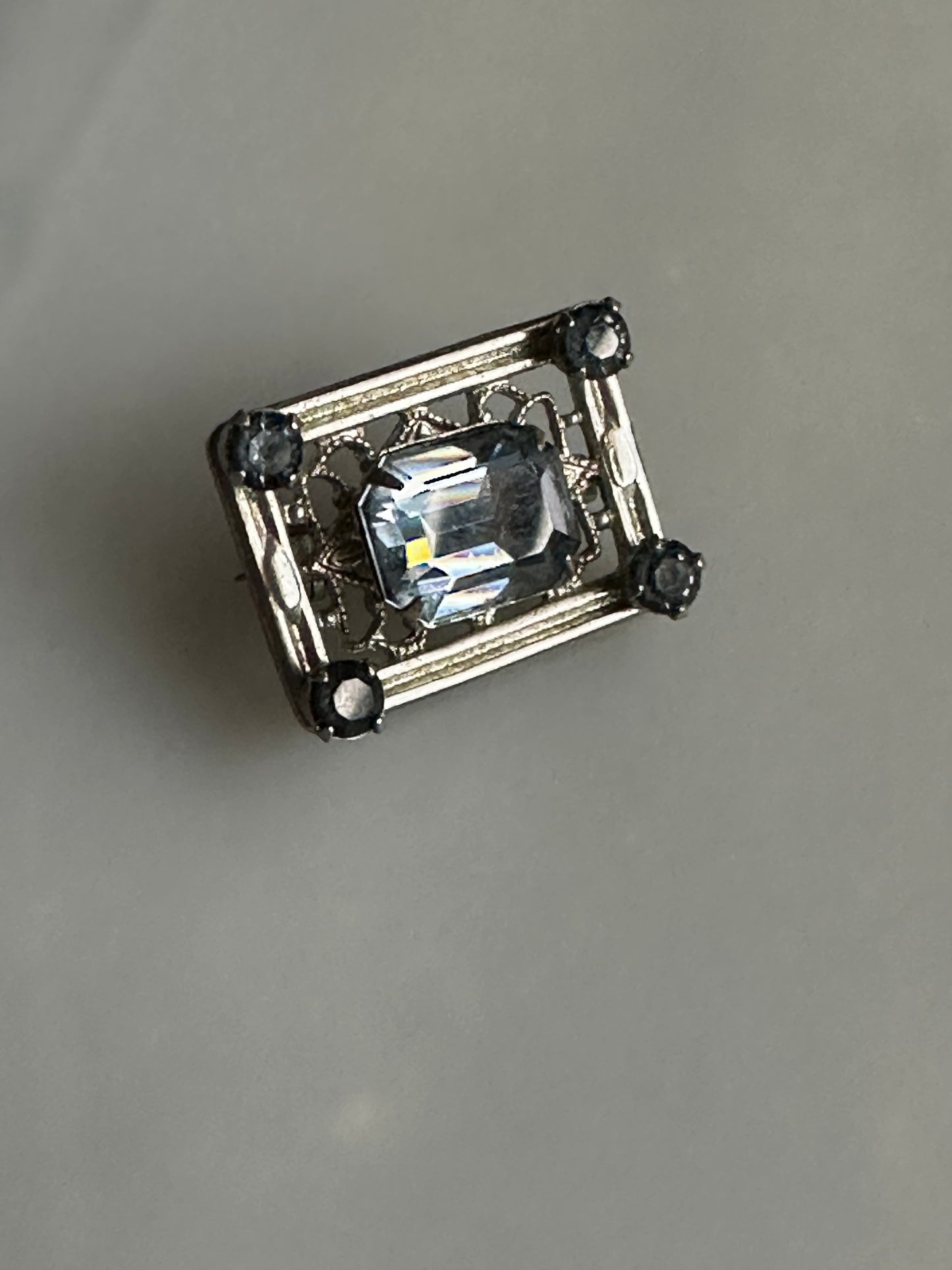 Small Art Deco / Retro Sweater Pin with Blue Glass Stone