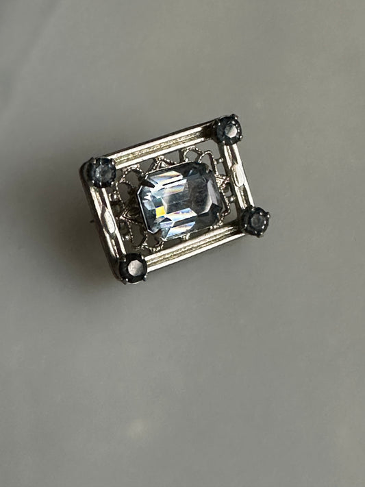 Small Art Deco / Retro Sweater Pin with Blue Glass Stone