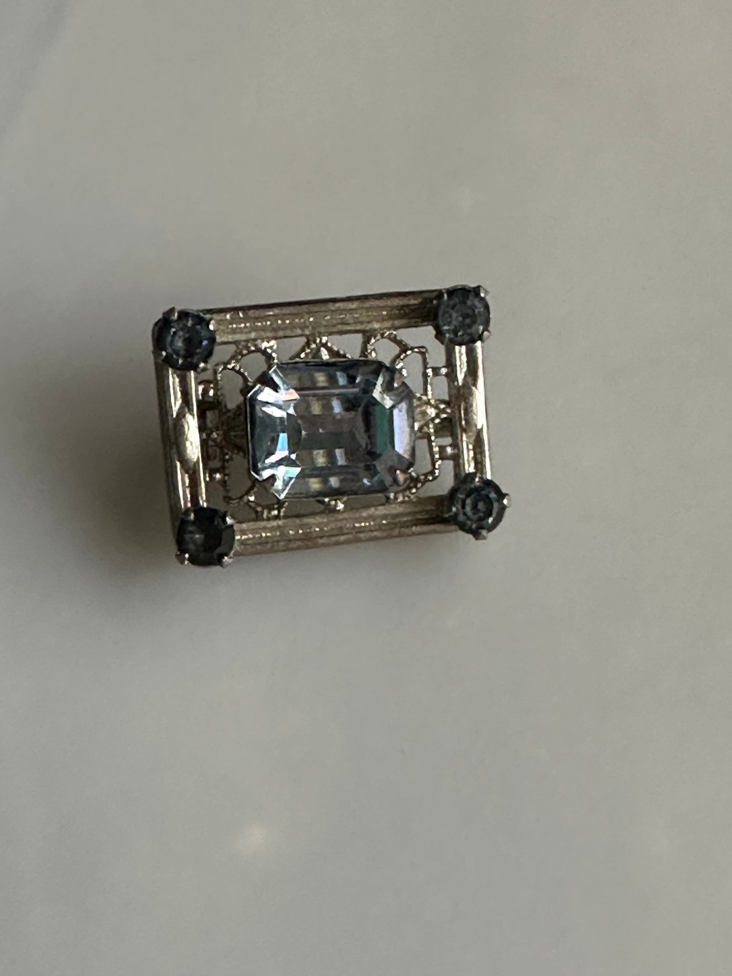 Small Art Deco / Retro Sweater Pin with Blue Glass Stone