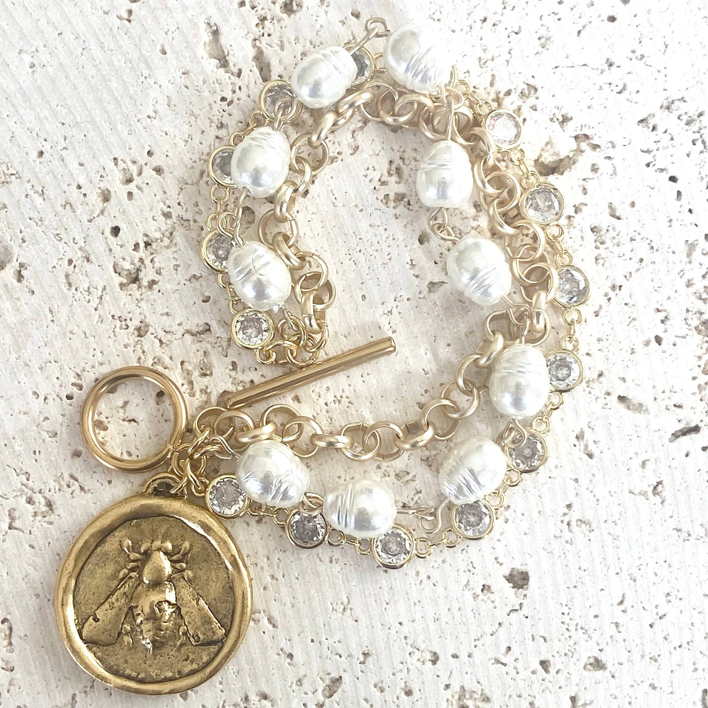Bee Queen Triple Layer Matte Gold, CZ and Vintage Inspired Glass Pearl Coin Charm Bracelet