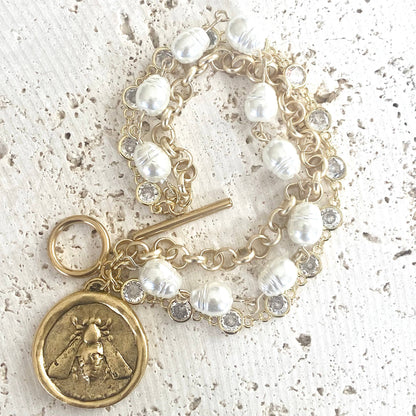 Bee Queen Triple Layer Matte Gold, CZ and Vintage Inspired Glass Pearl Coin Charm Bracelet