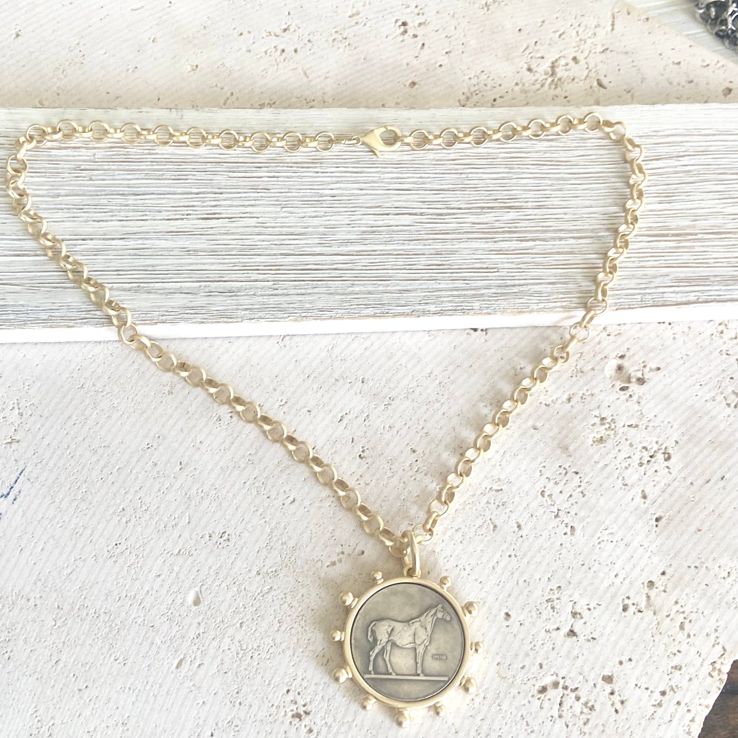 Matte Gold Equestrian Collector Rolo Chain horse Coin Charm Necklace 