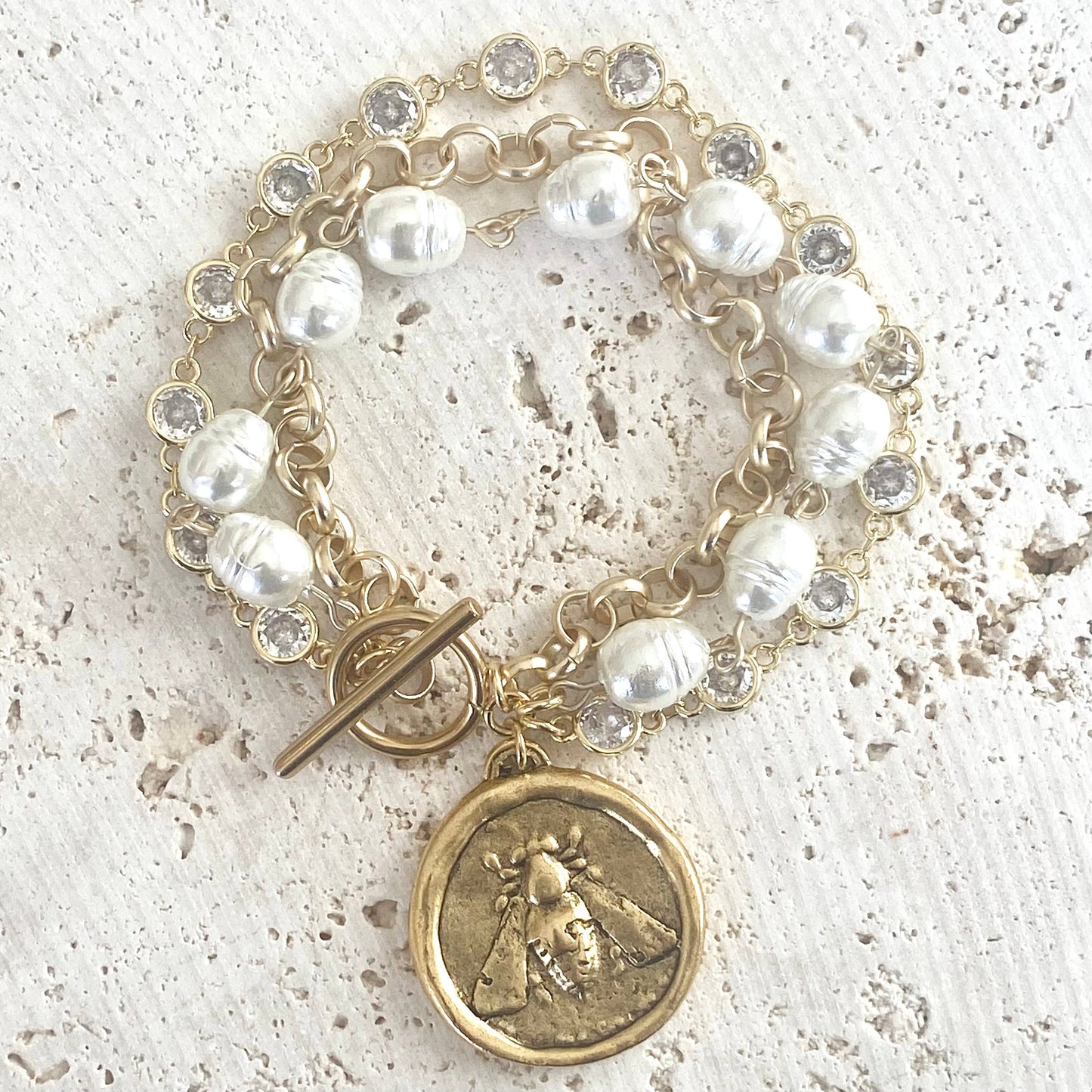 Bee Queen Triple Layer Matte Gold, CZ and Vintage Inspired Glass Pearl Coin Charm Bracelet
