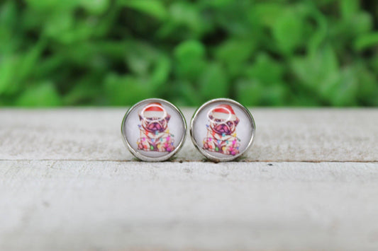 Santa Hat Christmas Pug Glass Button Stud Earrings