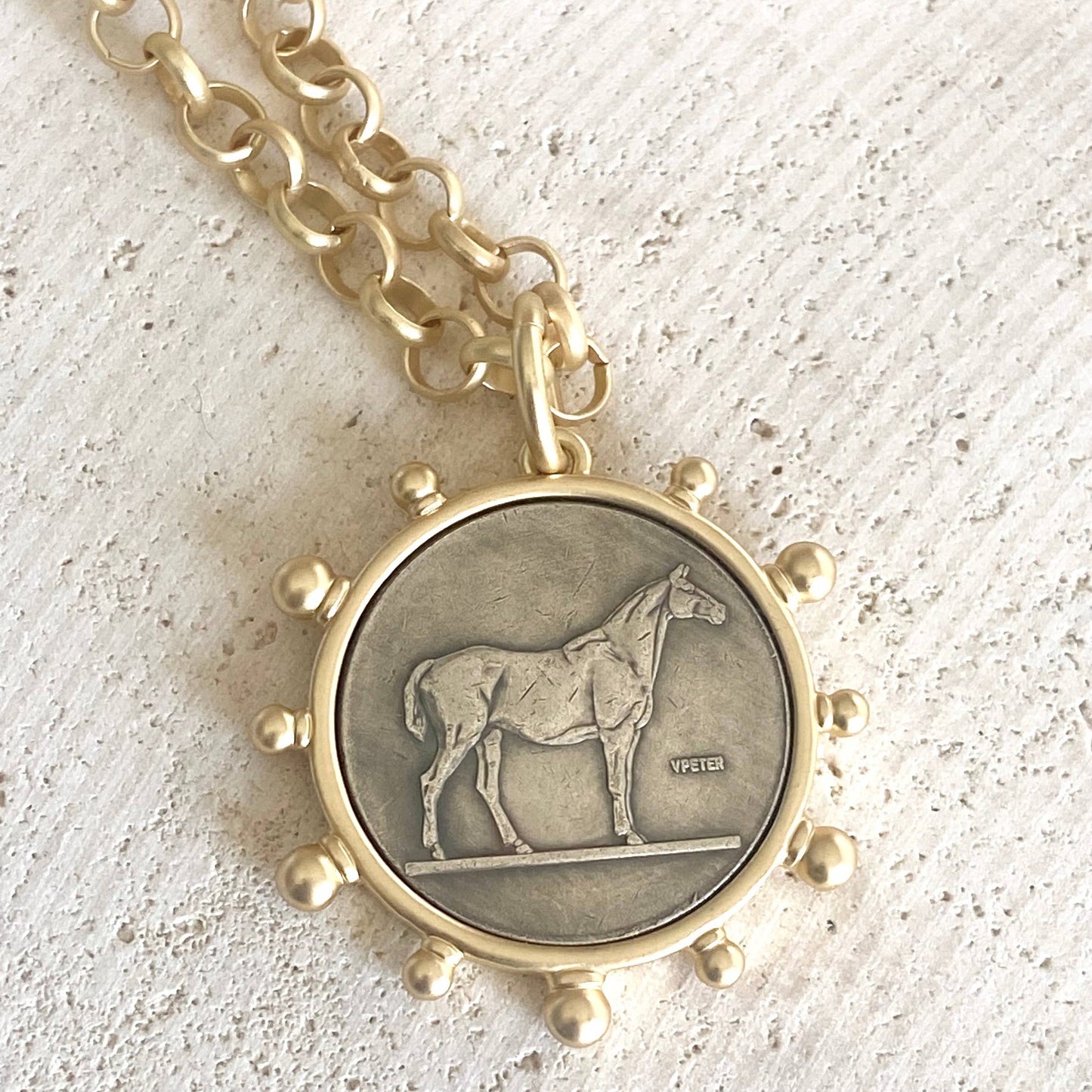 Matte Gold Equestrian Collector Rolo Chain horse Coin Charm Necklace 