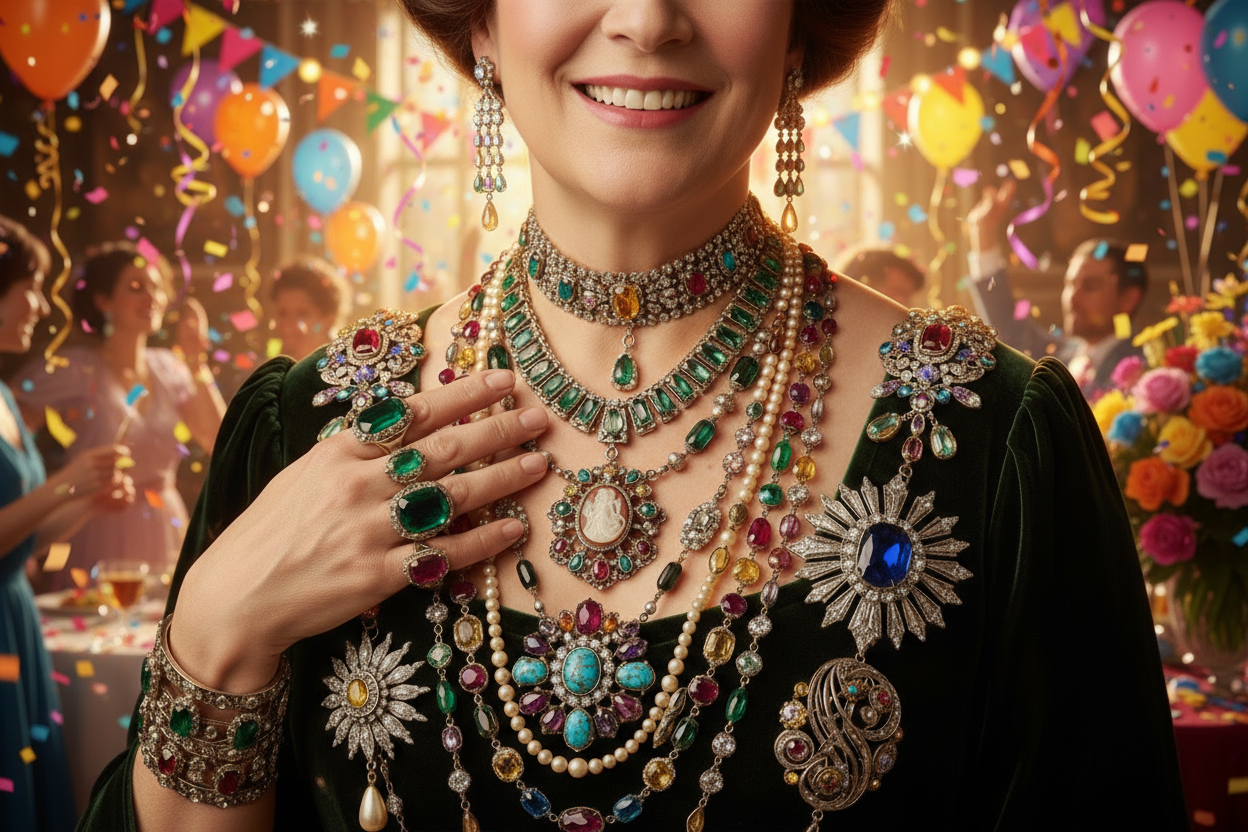 I love this woman’s jewelry but put her back into a more colorful celebration scene 